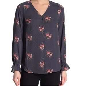 T Tahari Blouse Gray Polka Dot Floral V-Neck Long Sleeve Blouse Sz Large